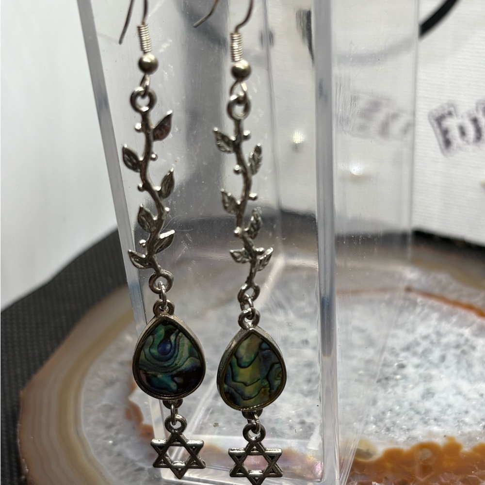 Elegant Silver Leaf Drop Earrings with Abalone Accents